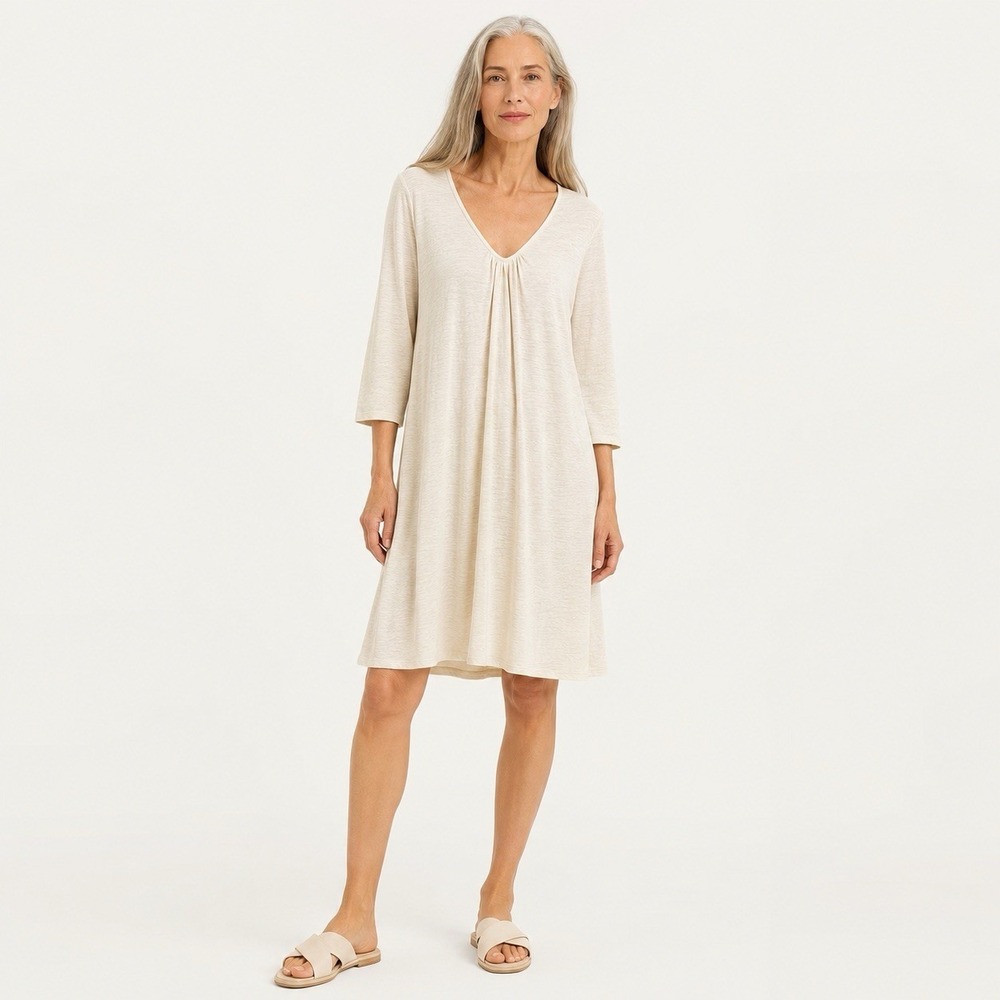EILEEN FISHER 100% Linen Pullover V-Neck Dress Women's M 3/4 Sleeve Ivory NEW
